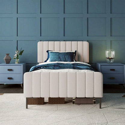 Polsterbett Einzelbett 90 x 200 cm, Bettgestell mit Lattenrost und Verstellbares Kopfteil, Gepolstertes bett in Grau-Beige,Bettrahmen Jugendbett für Schlafzimmer Gästezimmer-Leinenmaterial