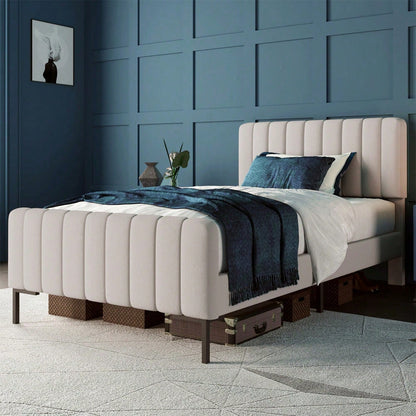 Polsterbett Einzelbett 90 x 200 cm, Bettgestell mit Lattenrost und Verstellbares Kopfteil, Gepolstertes bett in Grau-Beige,Bettrahmen Jugendbett für Schlafzimmer Gästezimmer-Leinenmaterial