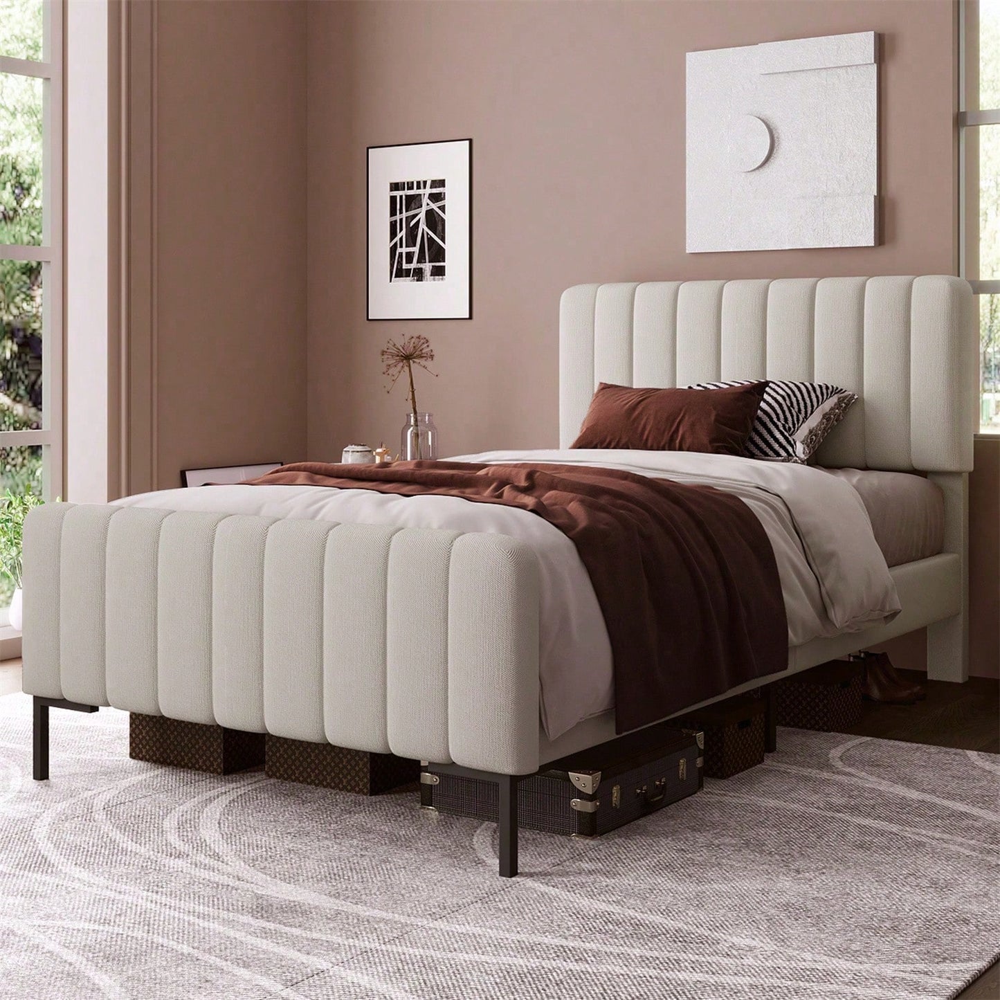 Polsterbett Einzelbett 90 x 200 cm, Bettgestell mit Lattenrost und Verstellbares Kopfteil, Gepolstertes bett in Grau-Beige,Bettrahmen Jugendbett für Schlafzimmer Gästezimmer-Leinenmaterial