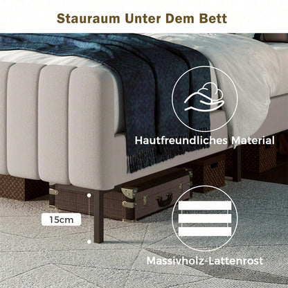 Polsterbett Einzelbett 90 x 200 cm, Bettgestell mit Lattenrost und Verstellbares Kopfteil, Gepolstertes bett in Grau-Beige,Bettrahmen Jugendbett für Schlafzimmer Gästezimmer-Leinenmaterial