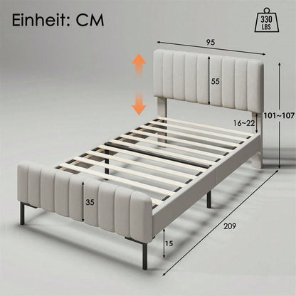 Polsterbett Einzelbett 90 x 200 cm, Bettgestell mit Lattenrost und Verstellbares Kopfteil, Gepolstertes bett in Grau-Beige,Bettrahmen Jugendbett für Schlafzimmer Gästezimmer-Leinenmaterial