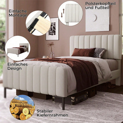 Polsterbett Einzelbett 90 x 200 cm, Bettgestell mit Lattenrost und Verstellbares Kopfteil, Gepolstertes bett in Grau-Beige,Bettrahmen Jugendbett für Schlafzimmer Gästezimmer-Leinenmaterial
