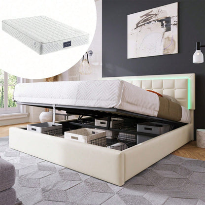 Polsterbett mit Lattenrost und Stauraum Doppelbett inkl. LED-Beleuchtungsleiste Bettgestell 160x200cm, Stauraumbett Funktionsbett Bezug aus Kunstleder Weiß