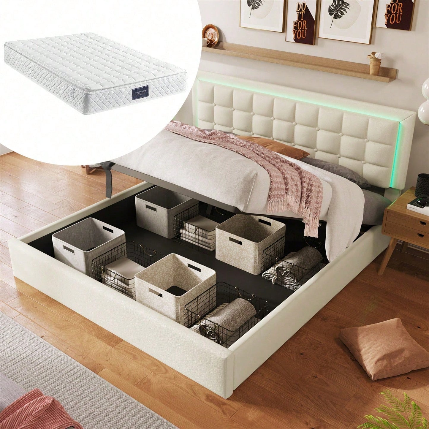 Polsterbett mit Lattenrost und Stauraum Doppelbett inkl. LED-Beleuchtungsleiste Bettgestell 160x200cm, Stauraumbett Funktionsbett Bezug aus Kunstleder Weiß