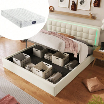 Polsterbett mit Lattenrost und Stauraum Doppelbett inkl. LED-Beleuchtungsleiste Bettgestell 160x200cm, Stauraumbett Funktionsbett Bezug aus Kunstleder Weiß