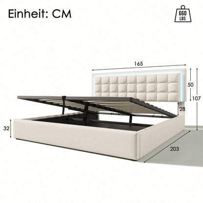 Polsterbett mit Lattenrost und Stauraum Doppelbett inkl. LED-Beleuchtungsleiste Bettgestell 160x200cm, Stauraumbett Funktionsbett Bezug aus Kunstleder Weiß