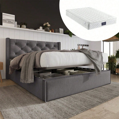 Hydraulisch Doppelbett Polsterbett 160x200cm,Bett mit Lattenrost aus Metallrahmen, Modernes Bettgestell mit Stauraum, Baumwolle, HellGrau(Mit Matratze)