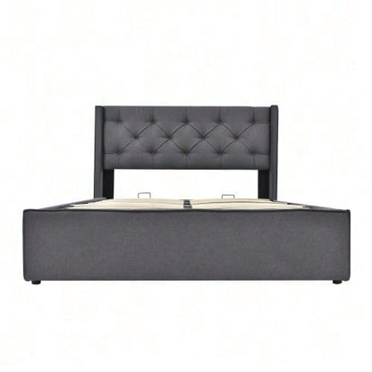 Hydraulisch Doppelbett Polsterbett 160x200cm,Bett mit Lattenrost aus Metallrahmen, Modernes Bettgestell mit Stauraum, Baumwolle, HellGrau(Mit Matratze)