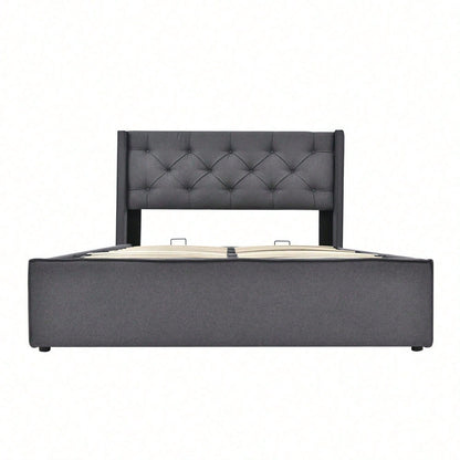 Hydraulisch Doppelbett Polsterbett 160x200cm,Bett mit Lattenrost aus Metallrahmen, Modernes Bettgestell mit Stauraum, Baumwolle, HellGrau(Mit Matratze)