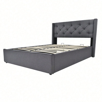 Hydraulisch Doppelbett Polsterbett 160x200cm,Bett mit Lattenrost aus Metallrahmen, Modernes Bettgestell mit Stauraum, Baumwolle, HellGrau(Mit Matratze)