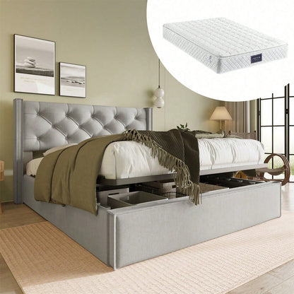 Hydraulisch Doppelbett Polsterbett 160x200cm,Bett mit Lattenrost aus Metallrahmen, Modernes Bettgestell mit Stauraum, Baumwolle, HellGrau(Mit Matratze)