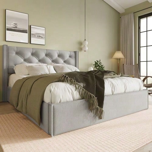 Hydraulisch Doppelbett Polsterbett 160x200cm,Bett mit Lattenrost aus Metallrahmen, Modernes Bettgestell mit Stauraum, Baumwolle, HellGrau(Mit Matratze)