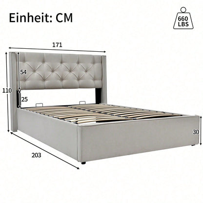 Hydraulisch Doppelbett Polsterbett 160x200cm,Bett mit Lattenrost aus Metallrahmen, Modernes Bettgestell mit Stauraum, Baumwolle, HellGrau(Mit Matratze)