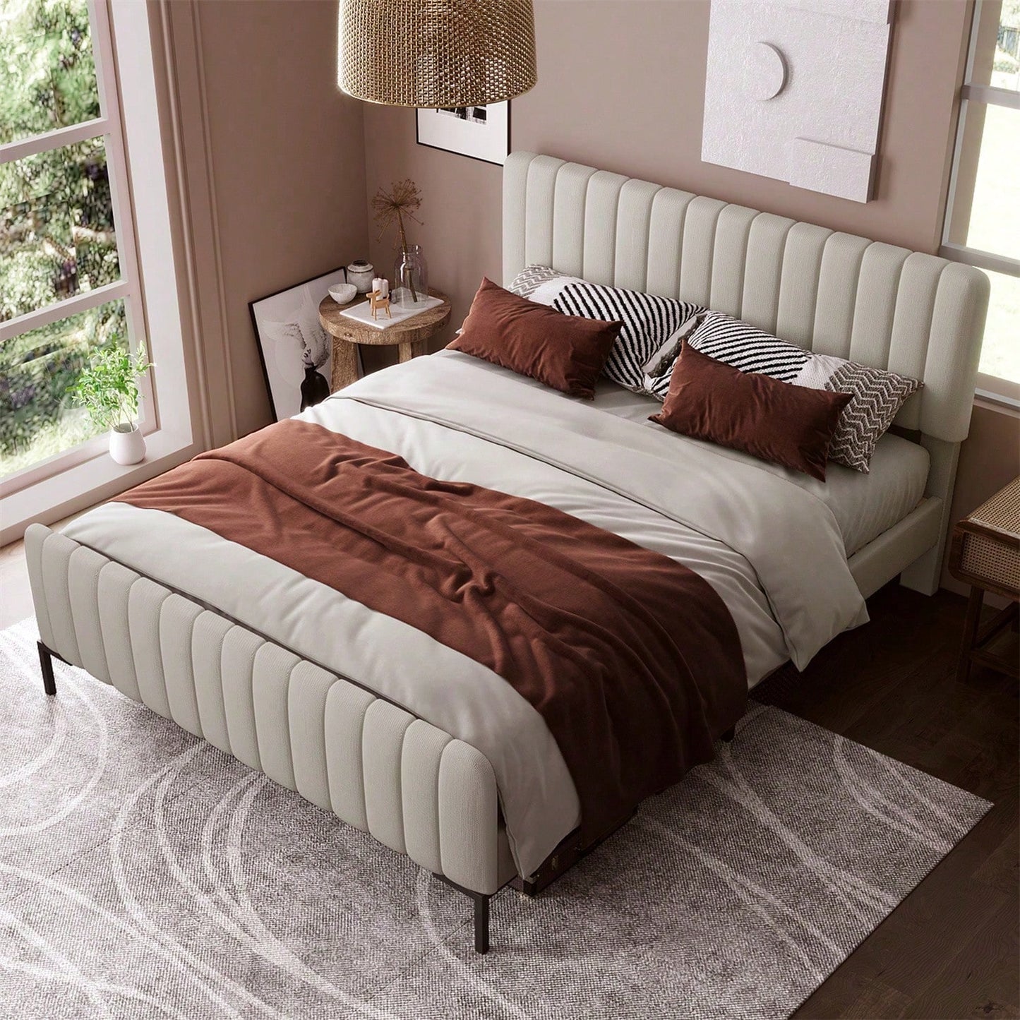 Polsterbett Doppelbett 160 x 200 cm, Bettgestell mit Lattenrost und Verstellbares Kopfteil, Gepolstertes bett in Grau-Beige,Bettrahmen Jugendbett für Schlafzimmer Gästezimmer-Leinenmaterial