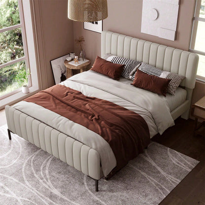 Polsterbett Doppelbett 160 x 200 cm, Bettgestell mit Lattenrost und Verstellbares Kopfteil, Gepolstertes bett in Grau-Beige,Bettrahmen Jugendbett für Schlafzimmer Gästezimmer-Leinenmaterial