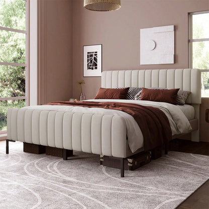 Polsterbett Doppelbett 160 x 200 cm, Bettgestell mit Lattenrost und Verstellbares Kopfteil, Gepolstertes bett in Grau-Beige,Bettrahmen Jugendbett für Schlafzimmer Gästezimmer-Leinenmaterial
