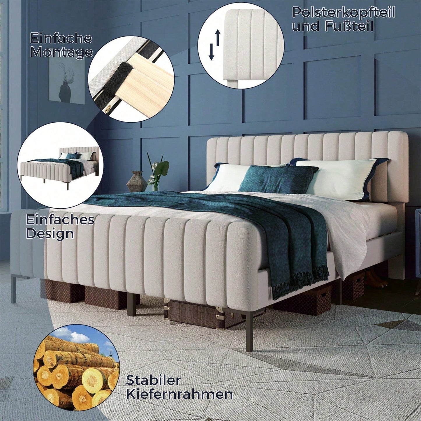 Polsterbett Doppelbett 160 x 200 cm, Bettgestell mit Lattenrost und Verstellbares Kopfteil, Gepolstertes bett in Grau-Beige,Bettrahmen Jugendbett für Schlafzimmer Gästezimmer-Leinenmaterial