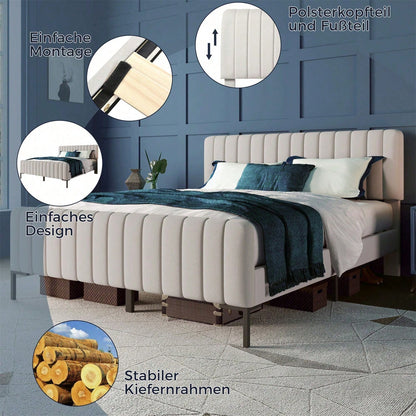 Polsterbett Doppelbett 160 x 200 cm, Bettgestell mit Lattenrost und Verstellbares Kopfteil, Gepolstertes bett in Grau-Beige,Bettrahmen Jugendbett für Schlafzimmer Gästezimmer-Leinenmaterial