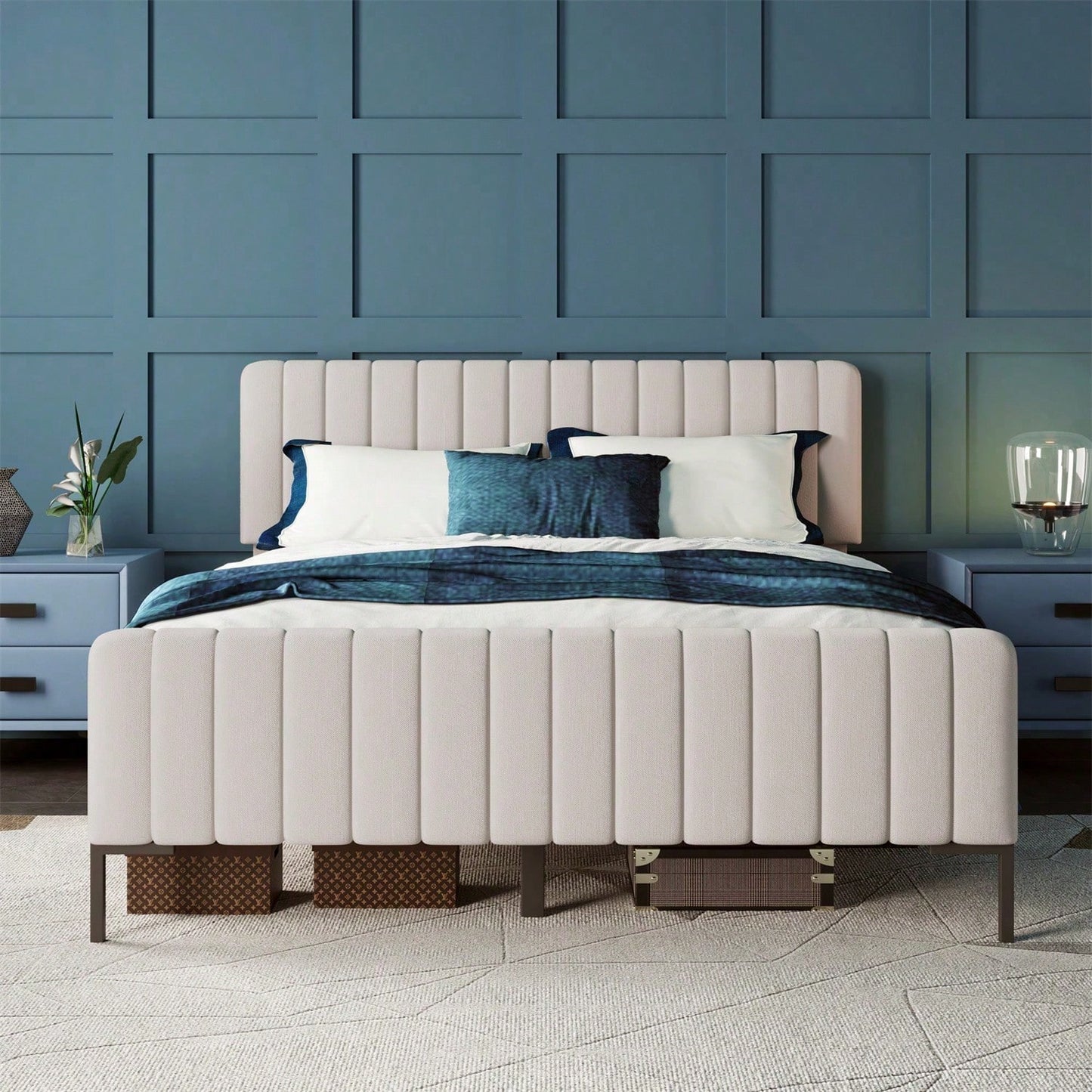 Polsterbett Doppelbett 160 x 200 cm, Bettgestell mit Lattenrost und Verstellbares Kopfteil, Gepolstertes bett in Grau-Beige,Bettrahmen Jugendbett für Schlafzimmer Gästezimmer-Leinenmaterial