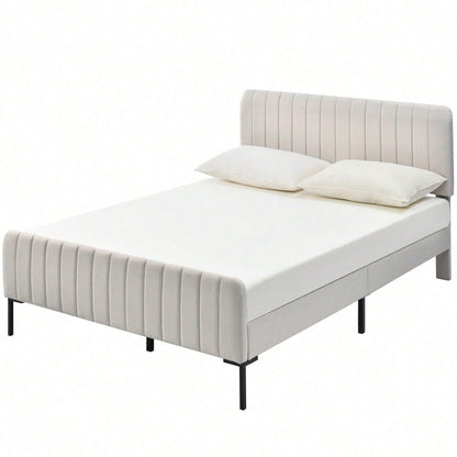 Polsterbett Doppelbett 160 x 200 cm, Bettgestell mit Lattenrost und Verstellbares Kopfteil, Gepolstertes bett in Grau-Beige,Bettrahmen Jugendbett für Schlafzimmer Gästezimmer-Leinenmaterial