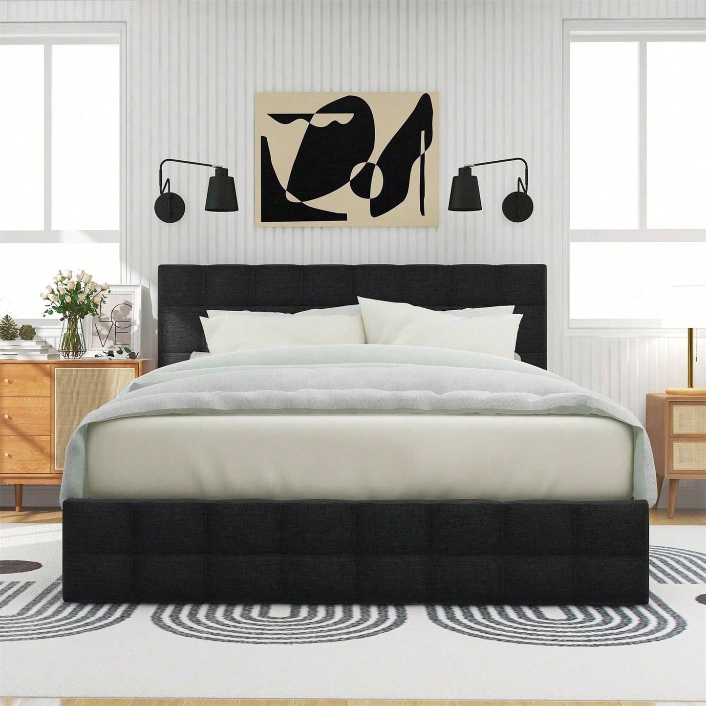 Polsterbett mit 4 Schubladen, Doppelbett mit Lattenrost, Stauraum Bett, höhenverstellbares Kopfteil & quadratisches Nähdesign, Metalllattenstütze, Leinenmaterial