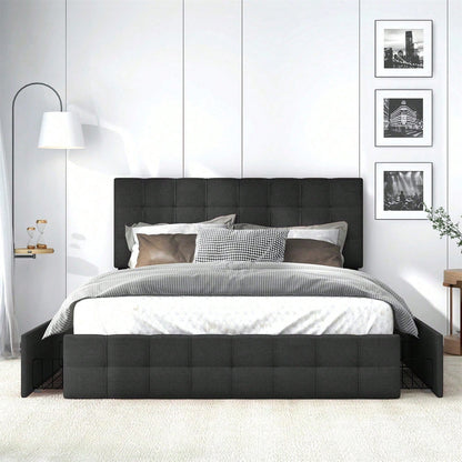 Polsterbett mit 4 Schubladen, Doppelbett mit Lattenrost, Stauraum Bett, höhenverstellbares Kopfteil & quadratisches Nähdesign, Metalllattenstütze, Leinenmaterial