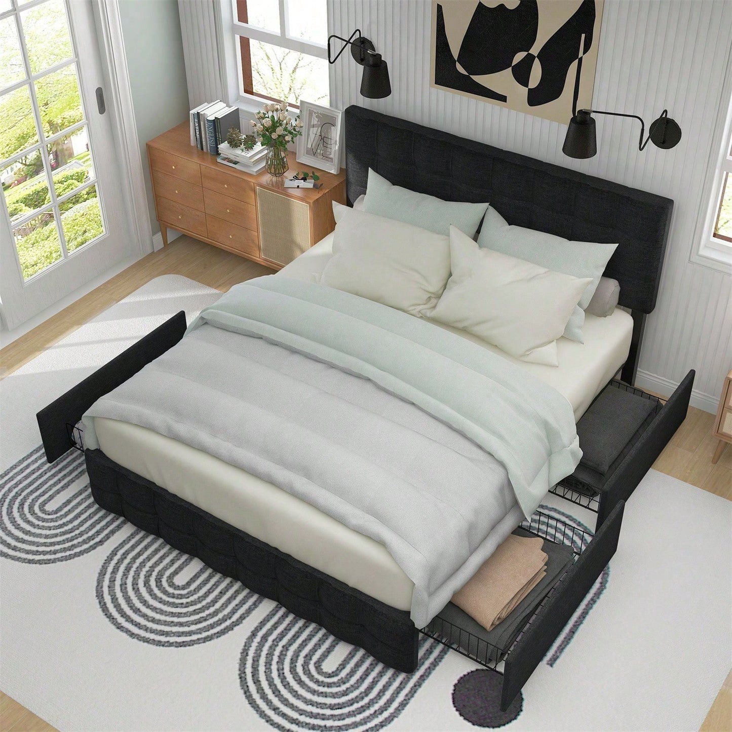 Polsterbett mit 4 Schubladen, Doppelbett mit Lattenrost, Stauraum Bett, höhenverstellbares Kopfteil & quadratisches Nähdesign, Metalllattenstütze, Leinenmaterial