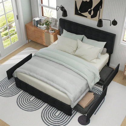Polsterbett mit 4 Schubladen, Doppelbett mit Lattenrost, Stauraum Bett, höhenverstellbares Kopfteil & quadratisches Nähdesign, Metalllattenstütze, Leinenmaterial