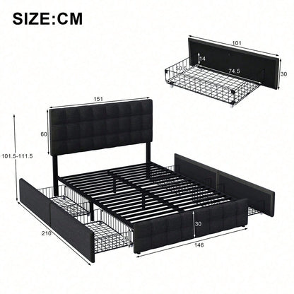 Polsterbett mit 4 Schubladen, Doppelbett mit Lattenrost, Stauraum Bett, höhenverstellbares Kopfteil & quadratisches Nähdesign, Metalllattenstütze, Leinenmaterial