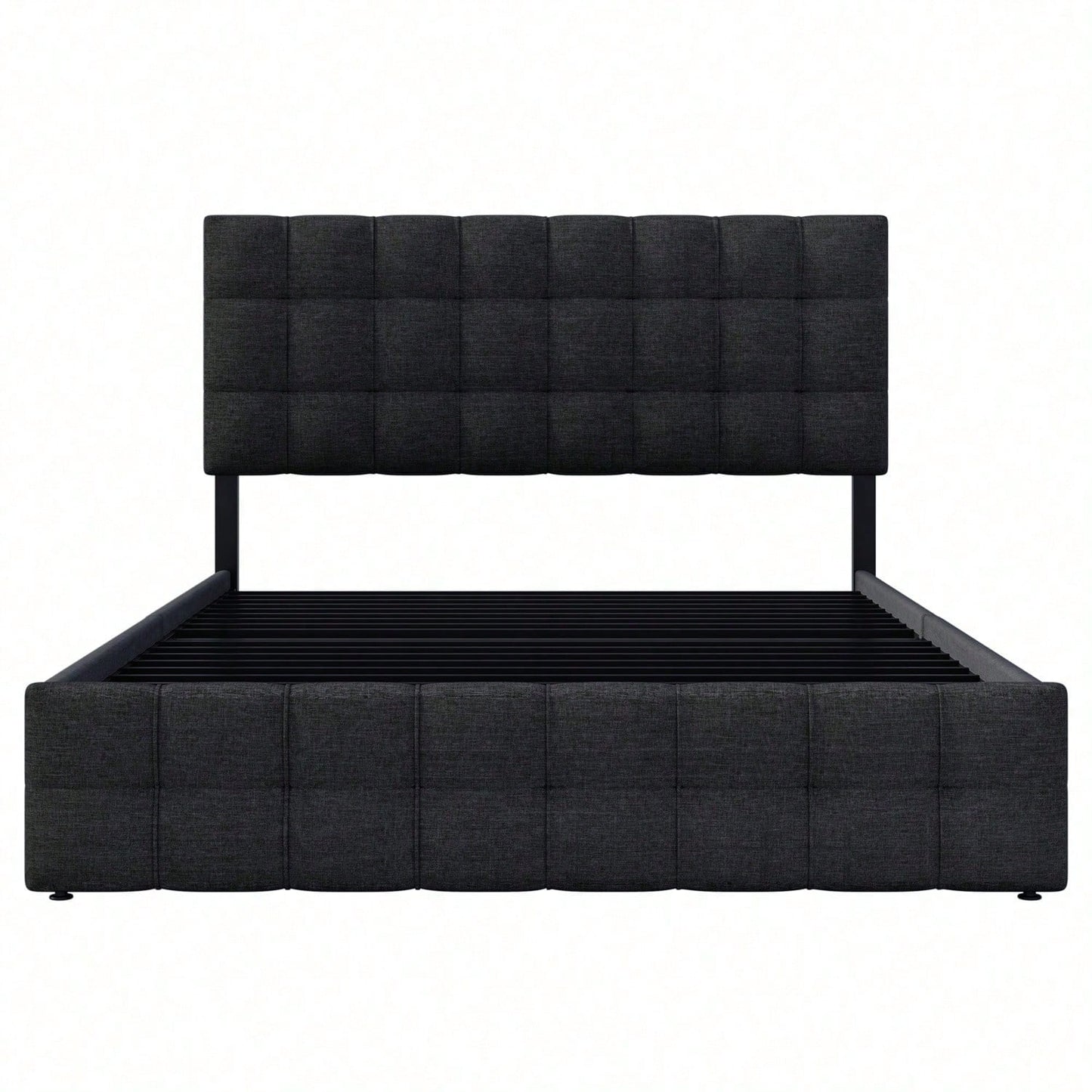 Polsterbett mit 4 Schubladen, Doppelbett mit Lattenrost, Stauraum Bett, höhenverstellbares Kopfteil & quadratisches Nähdesign, Metalllattenstütze, Leinenmaterial