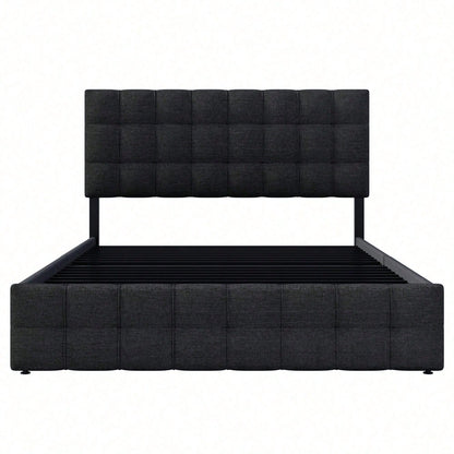 Polsterbett mit 4 Schubladen, Doppelbett mit Lattenrost, Stauraum Bett, höhenverstellbares Kopfteil & quadratisches Nähdesign, Metalllattenstütze, Leinenmaterial