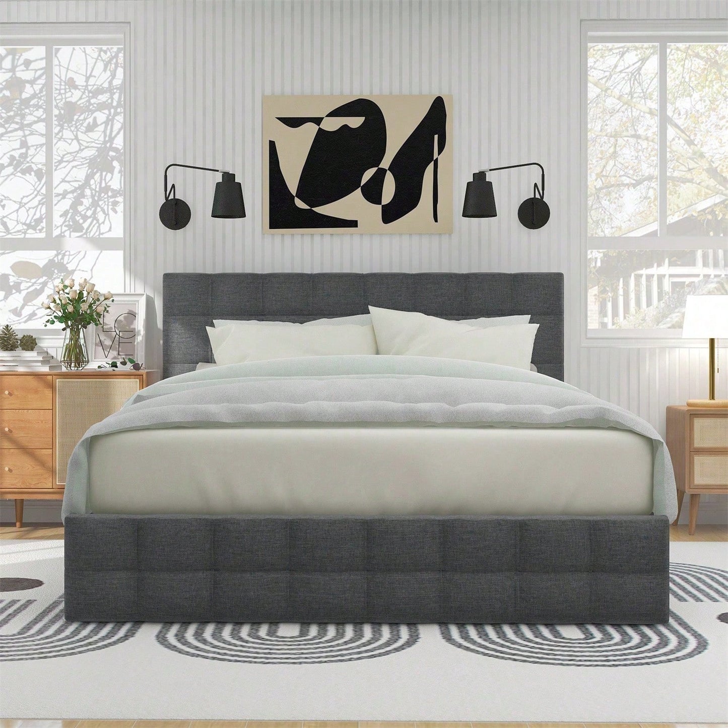 Polsterbett mit 4 Schubladen, Doppelbett mit Lattenrost, Stauraum Bett, höhenverstellbares Kopfteil & quadratisches Nähdesign, Metalllattenstütze, Leinenmaterial