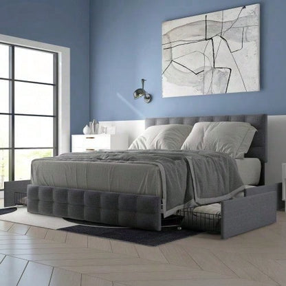 Polsterbett mit 4 Schubladen, Doppelbett mit Lattenrost, Stauraum Bett, höhenverstellbares Kopfteil & quadratisches Nähdesign, Metalllattenstütze, Leinenmaterial