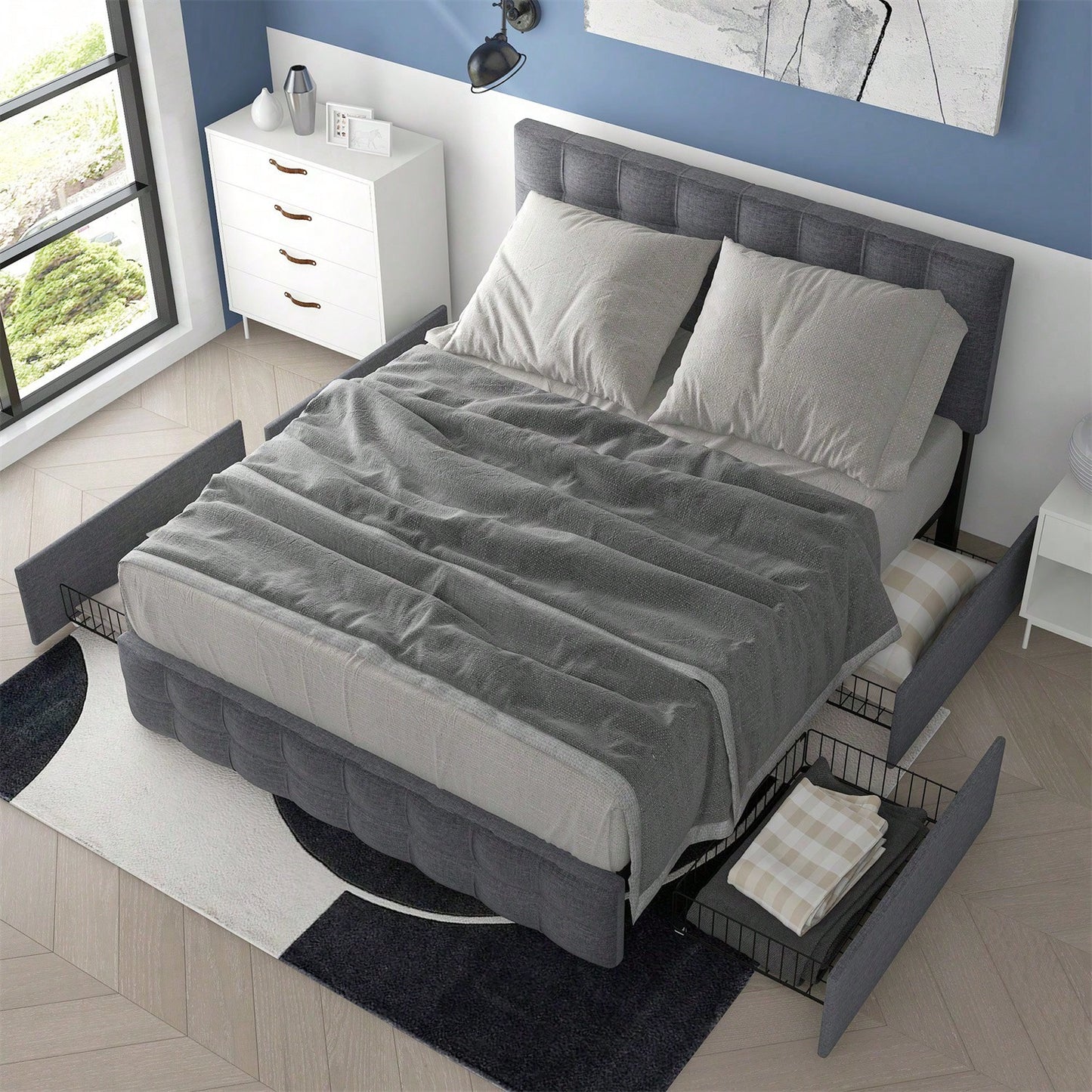 Polsterbett mit 4 Schubladen, Doppelbett mit Lattenrost, Stauraum Bett, höhenverstellbares Kopfteil & quadratisches Nähdesign, Metalllattenstütze, Leinenmaterial