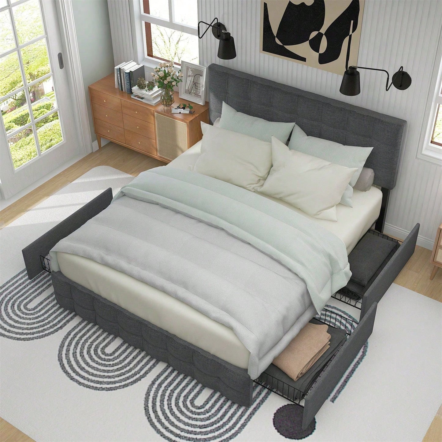 Polsterbett mit 4 Schubladen, Doppelbett mit Lattenrost, Stauraum Bett, höhenverstellbares Kopfteil & quadratisches Nähdesign, Metalllattenstütze, Leinenmaterial
