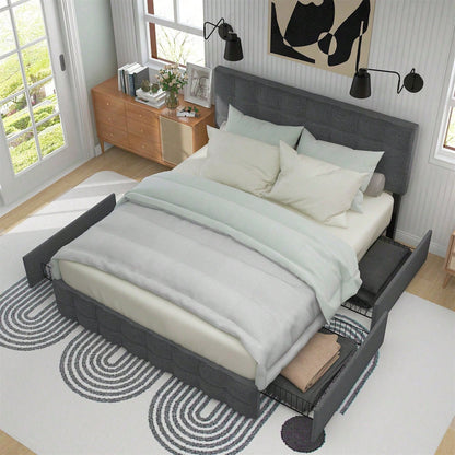 Polsterbett mit 4 Schubladen, Doppelbett mit Lattenrost, Stauraum Bett, höhenverstellbares Kopfteil & quadratisches Nähdesign, Metalllattenstütze, Leinenmaterial