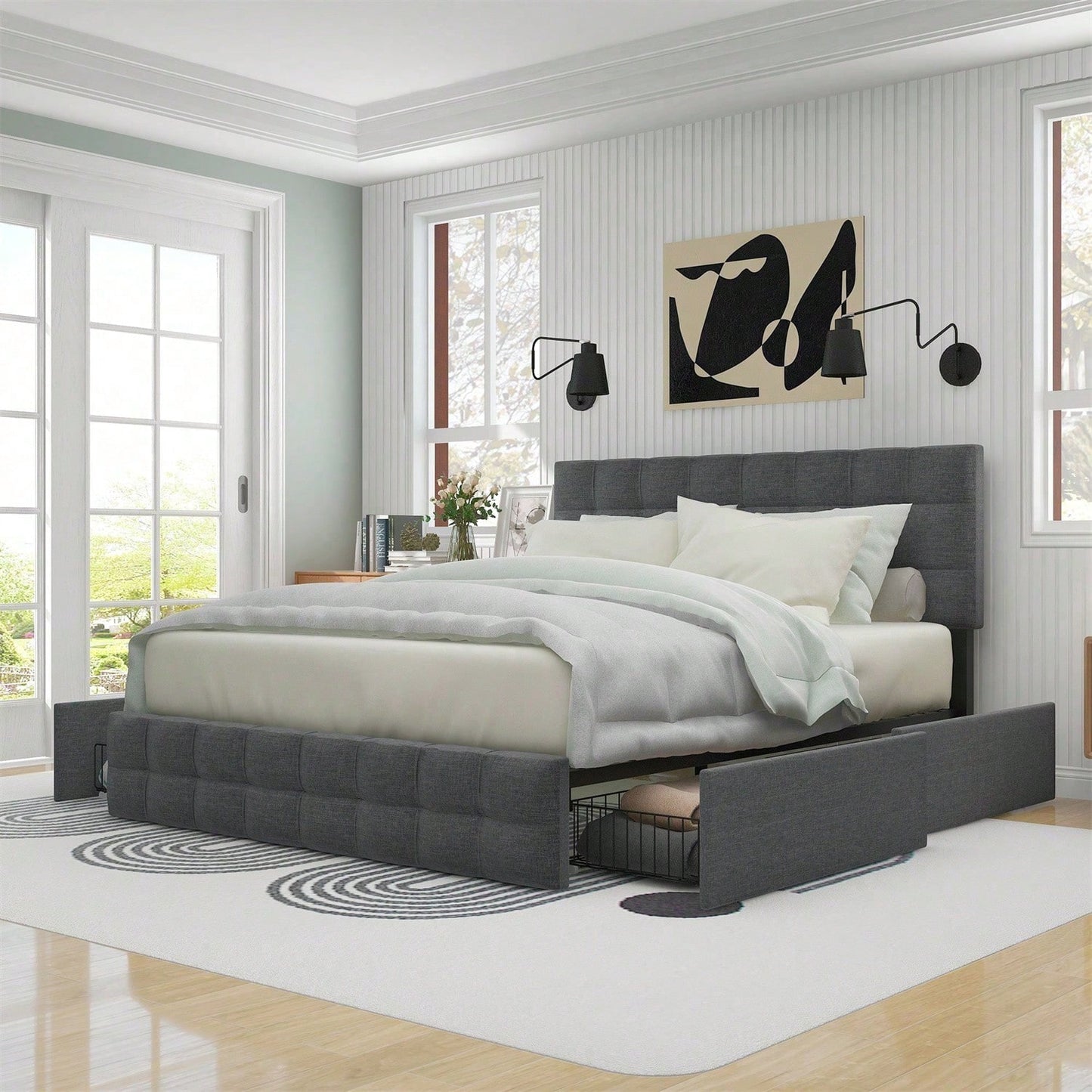 Polsterbett mit 4 Schubladen, Doppelbett mit Lattenrost, Stauraum Bett, höhenverstellbares Kopfteil & quadratisches Nähdesign, Metalllattenstütze, Leinenmaterial