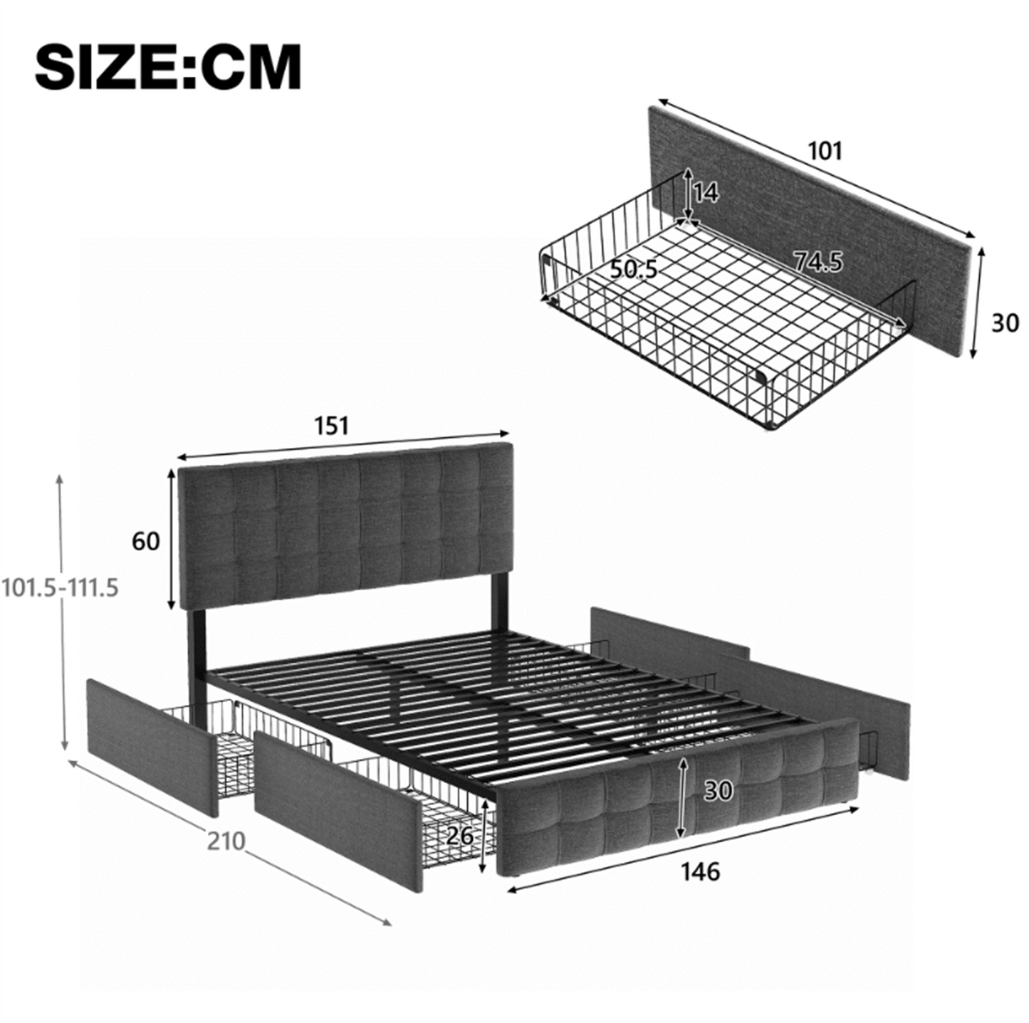 Polsterbett mit 4 Schubladen, Doppelbett mit Lattenrost, Stauraum Bett, höhenverstellbares Kopfteil & quadratisches Nähdesign, Metalllattenstütze, Leinenmaterial