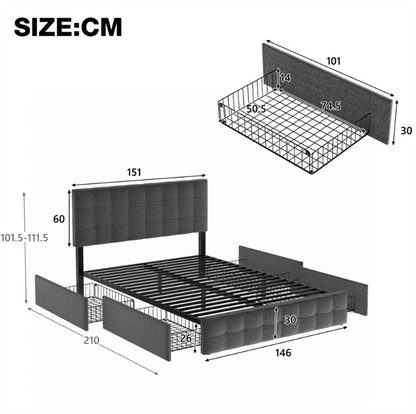 Polsterbett mit 4 Schubladen, Doppelbett mit Lattenrost, Stauraum Bett, höhenverstellbares Kopfteil & quadratisches Nähdesign, Metalllattenstütze, Leinenmaterial