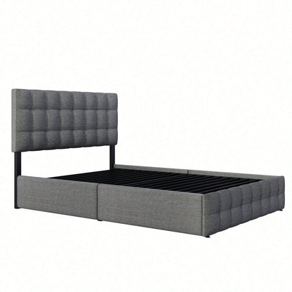 Polsterbett mit 4 Schubladen, Doppelbett mit Lattenrost, Stauraum Bett, höhenverstellbares Kopfteil & quadratisches Nähdesign, Metalllattenstütze, Leinenmaterial