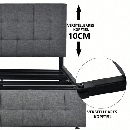 Polsterbett mit 4 Schubladen, Doppelbett mit Lattenrost, Stauraum Bett, höhenverstellbares Kopfteil & quadratisches Nähdesign, Metalllattenstütze, Leinenmaterial