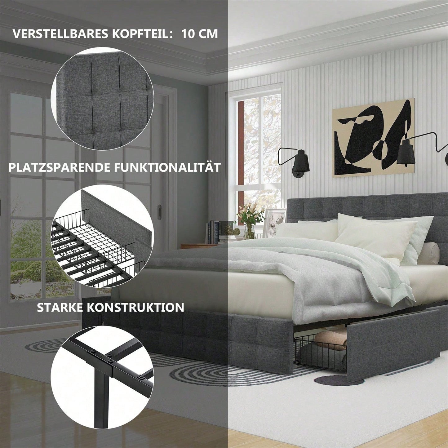 Polsterbett mit 4 Schubladen, Doppelbett mit Lattenrost, Stauraum Bett, höhenverstellbares Kopfteil & quadratisches Nähdesign, Metalllattenstütze, Leinenmaterial