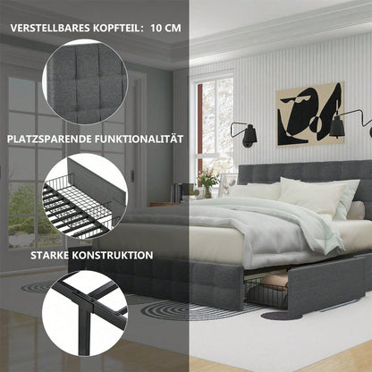 Polsterbett mit 4 Schubladen, Doppelbett mit Lattenrost, Stauraum Bett, höhenverstellbares Kopfteil & quadratisches Nähdesign, Metalllattenstütze, Leinenmaterial