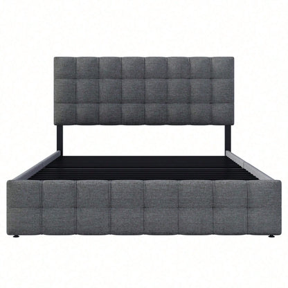 Polsterbett mit 4 Schubladen, Doppelbett mit Lattenrost, Stauraum Bett, höhenverstellbares Kopfteil & quadratisches Nähdesign, Metalllattenstütze, Leinenmaterial