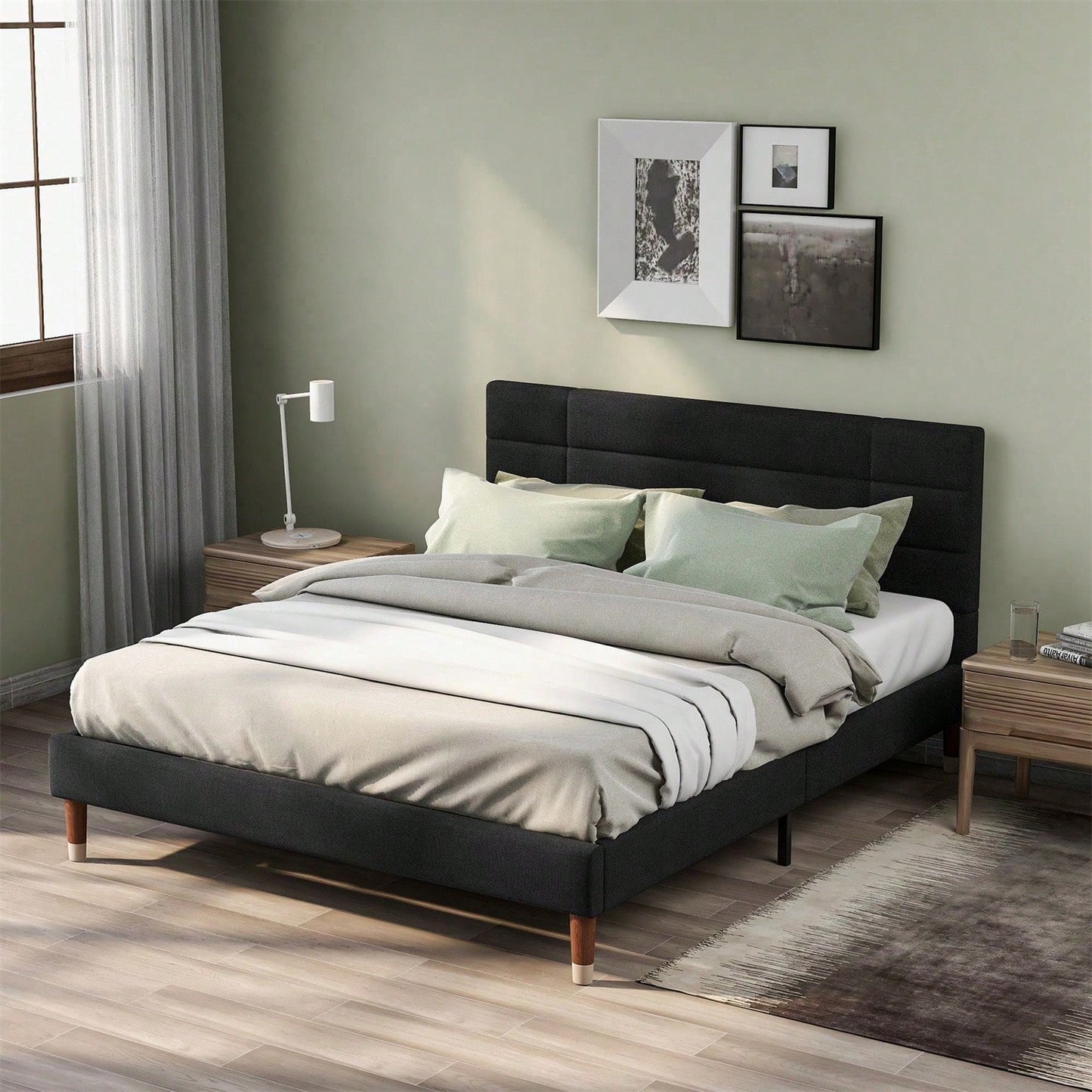 Polsterbett Doppelbett mit Lattenrost, 140x200cm gepolsteres Bettgestell mit Kopfteil, in Schwarz Leinen, für Erwachsene&Jugendliche(Mit Federkernmatratze)