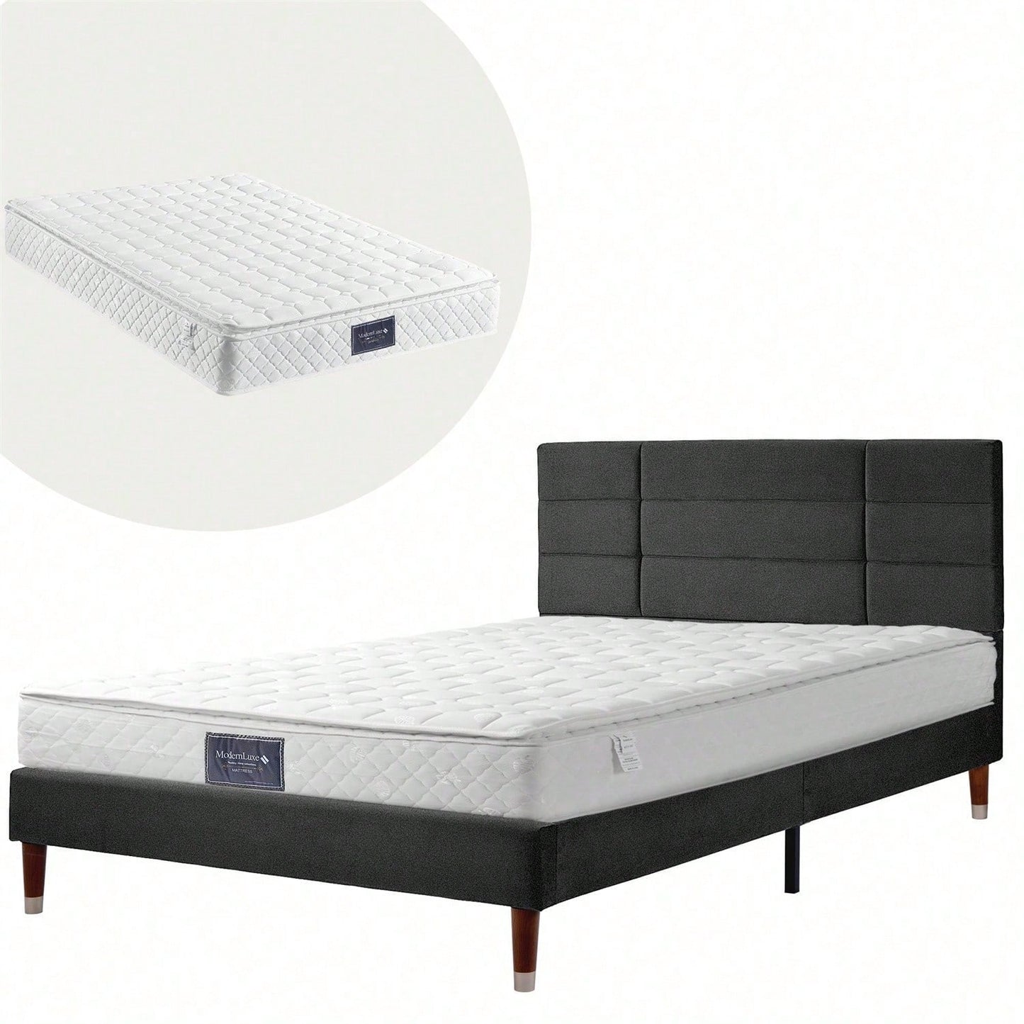Polsterbett Doppelbett mit Lattenrost, 140x200cm gepolsteres Bettgestell mit Kopfteil, in Schwarz Leinen, für Erwachsene&Jugendliche(Mit Federkernmatratze)