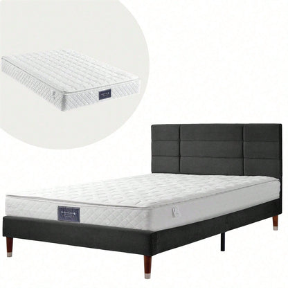 Polsterbett Doppelbett mit Lattenrost, 140x200cm gepolsteres Bettgestell mit Kopfteil, in Schwarz Leinen, für Erwachsene&Jugendliche(Mit Federkernmatratze)