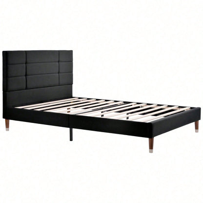 Polsterbett Doppelbett mit Lattenrost, 140x200cm gepolsteres Bettgestell mit Kopfteil, in Schwarz Leinen, für Erwachsene&Jugendliche(Mit Federkernmatratze)