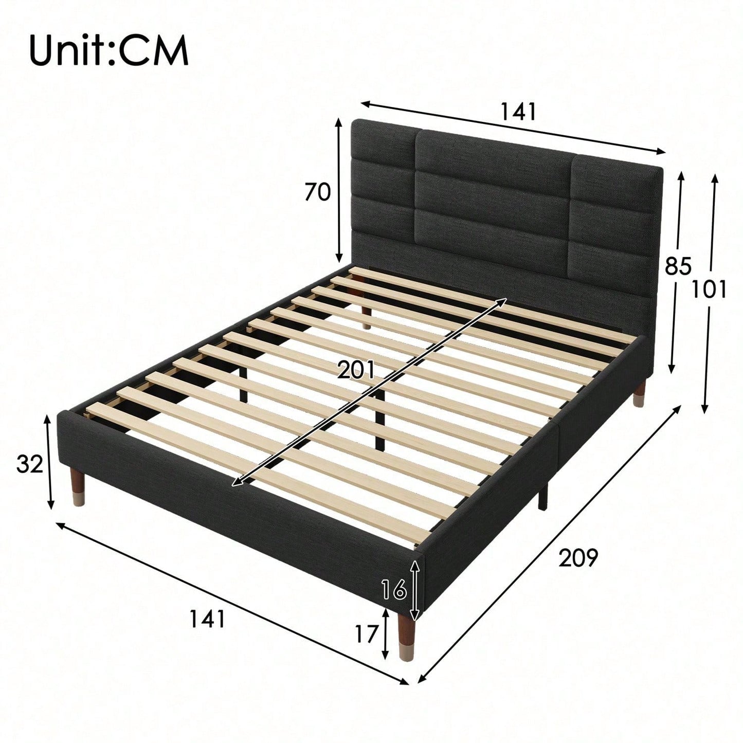 Polsterbett Doppelbett mit Lattenrost, 140x200cm gepolsteres Bettgestell mit Kopfteil, in Schwarz Leinen, für Erwachsene&Jugendliche(Mit Federkernmatratze)