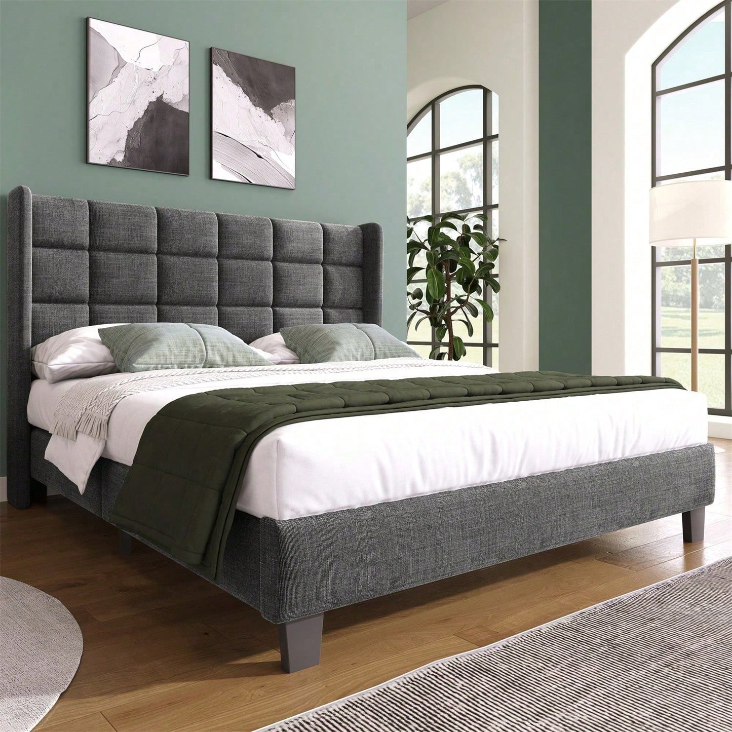 Polsterbett Mit seinem gepolstertes Kopfteil Doppelbett mit Lattenrost, 140x200cm ,in Grau Leinen, mittelfest